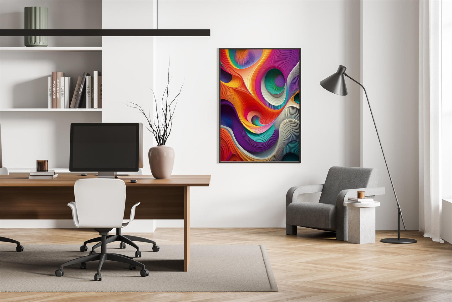 Regenbogen-Böen, Design, Poster, Kunst, Druck, Illustration, abstrakt, Wellen, bunt, Wandkunst, Kunstdruck, Büro, Zuhause, exklusiv, modern
