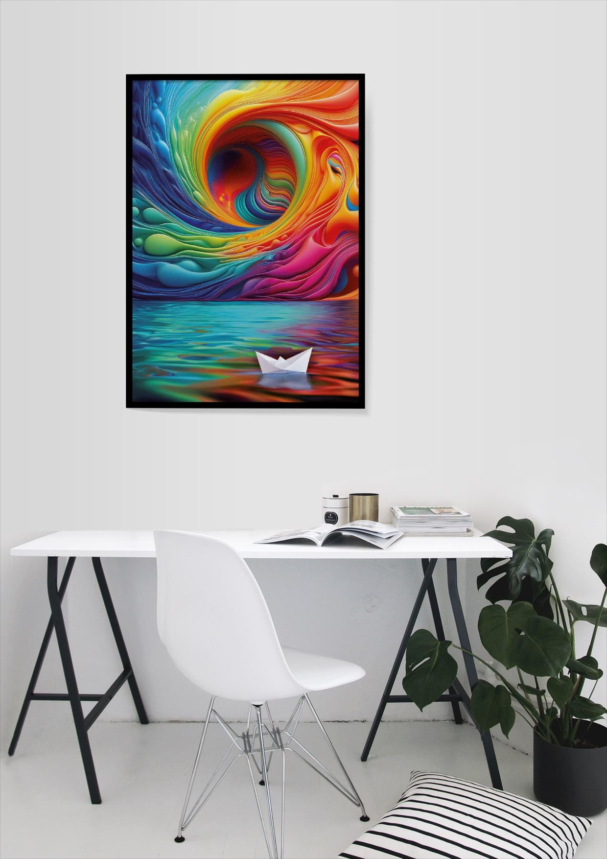 Papierschiff im Farbenmeer, Design, Poster, Kunst, Druck, Wanddekor, Illustration, Interior, Kunstdruck, Büro, Zuhause, exklusiv, modern
