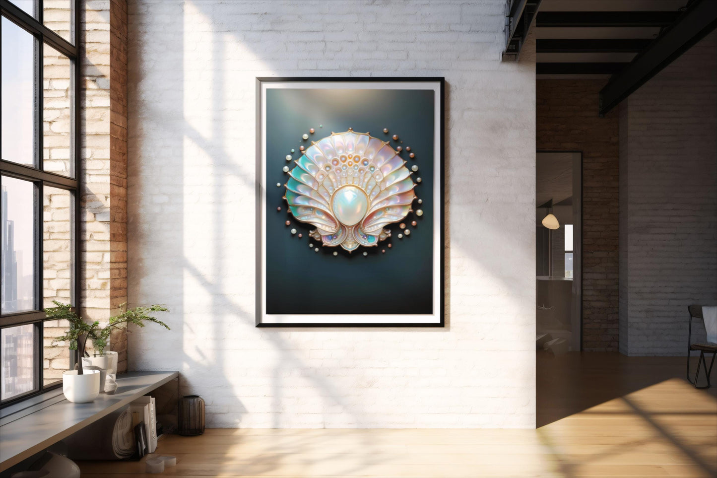 Perlmutt-Fächer, Design, Poster, Kunst, Druck, Wanddekor, minimalistisch, grafisch, Interior, Wandkunst, Kunstdruck, Büro, Zuhause, exklusiv, modern