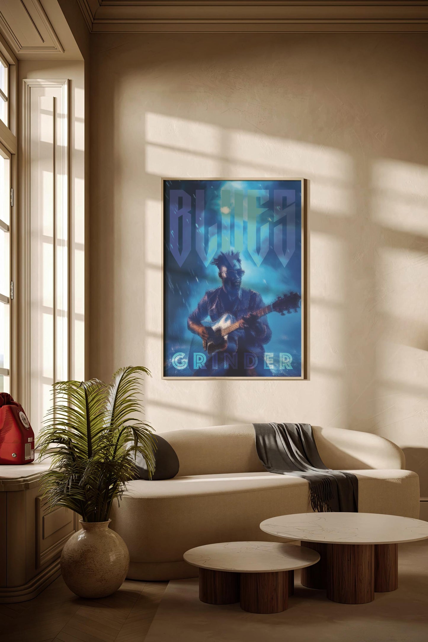 Blues Grinder, Design, Poster, Kunst, Druck, Wanddekor, Illustration, Interieur, Wandkunst, Kunstdruck, Büro, Zuhause, exklusiv, modern