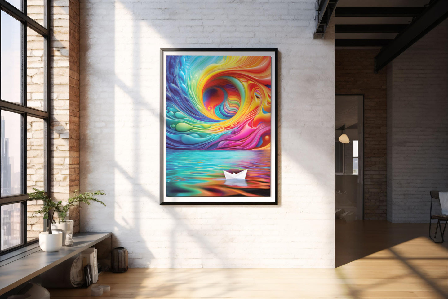Papierschiff im Farbenmeer, Design, Poster, Kunst, Druck, Wanddekor, Illustration, Interior, Kunstdruck, Büro, Zuhause, exklusiv, modern