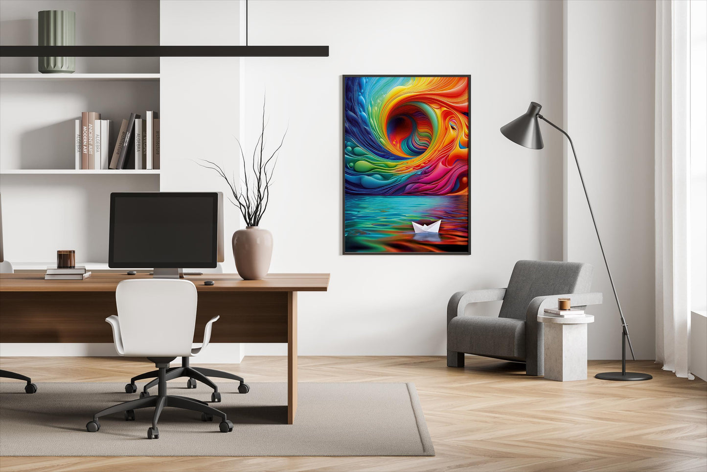 Papierschiff im Farbenmeer, Design, Poster, Kunst, Druck, Wanddekor, Illustration, Interior, Kunstdruck, Büro, Zuhause, exklusiv, modern
