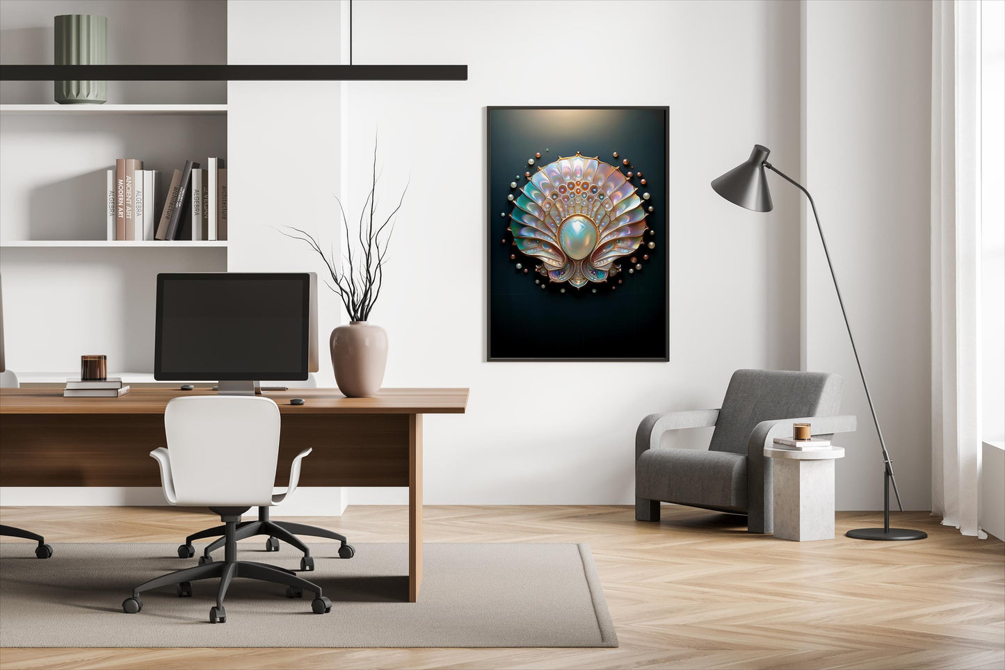 Perlmutt-Fächer, Design, Poster, Kunst, Druck, Wanddekor, minimalistisch, grafisch, Interior, Wandkunst, Kunstdruck, Büro, Zuhause, exklusiv, modern