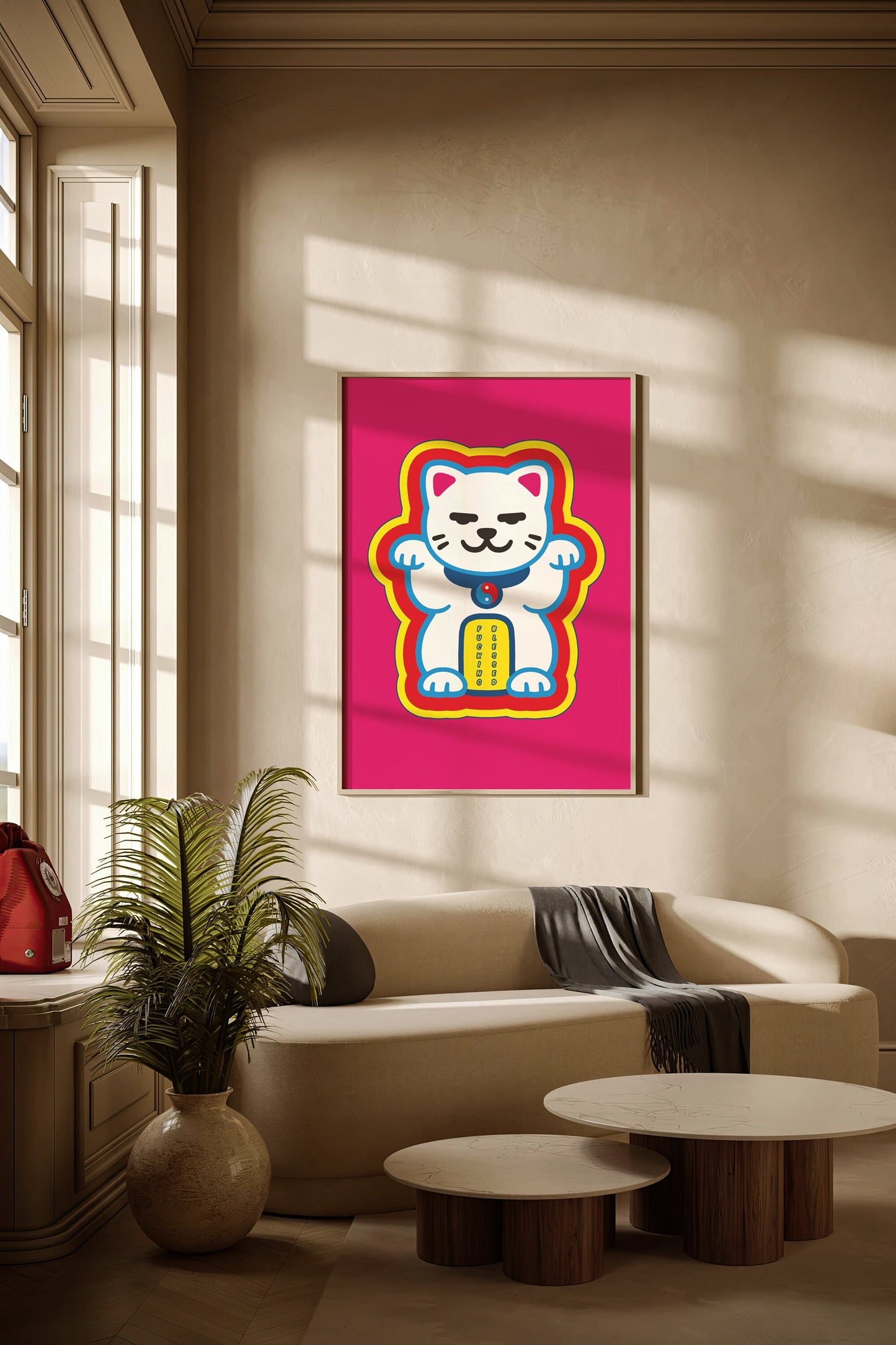 blessed times 2, pink, Maneki-Neko, maneki neko, Kunstdruck, Stilvolles minimalistisches Poster für Haus & Büro Dekor, Trendy Moderne Wand Kunst Geschenk