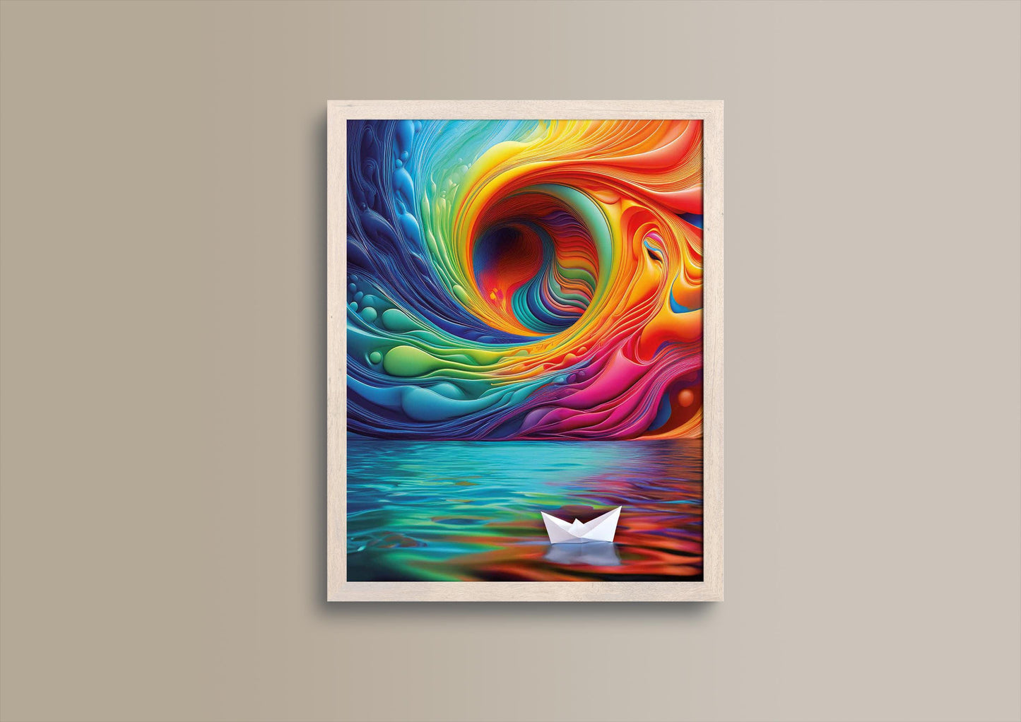Papierschiff im Farbenmeer, Design, Poster, Kunst, Druck, Wanddekor, Illustration, Interior, Kunstdruck, Büro, Zuhause, exklusiv, modern